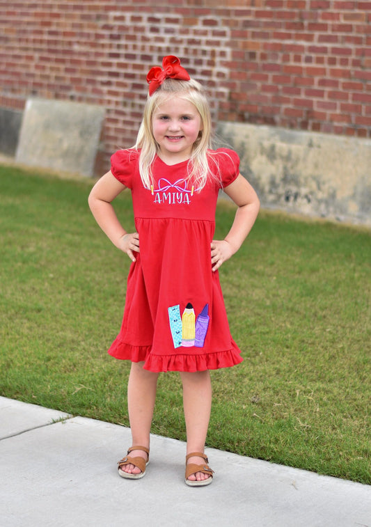 My School Supplies - Applique Dress * with Embroidered Name