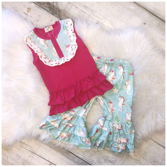 Sea Unicorn - 2 pc Ruffle Capri Set